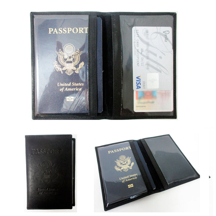 US Passport Cover Black Leather Embossed Organizer Travel Wallet ID Card Holder