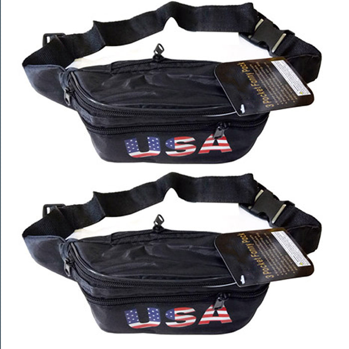 2pc USA Flag Fanny Pack Travel Utility Bag Waist Pouch Adjustable 3 Pocket Sport