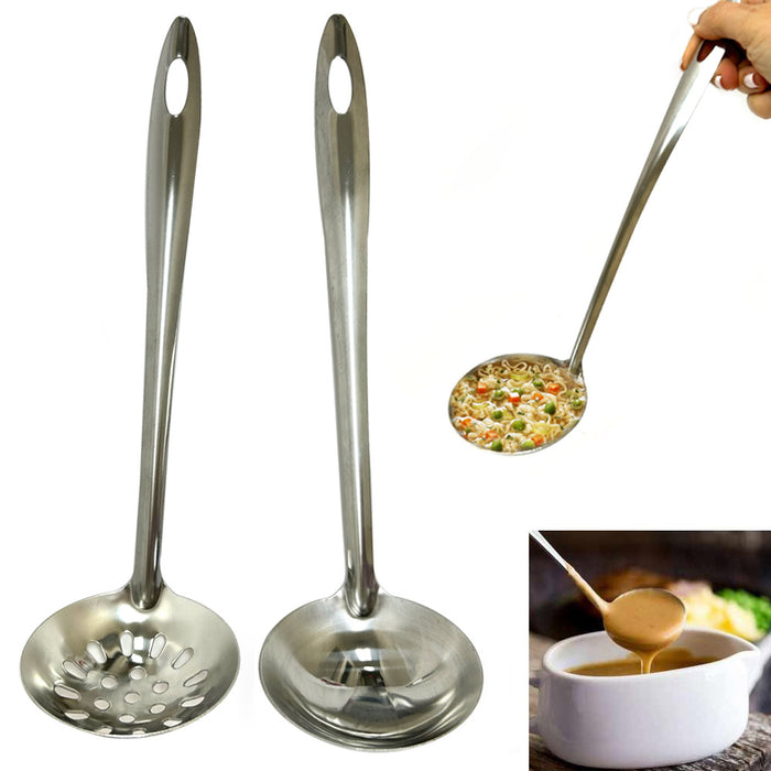 2 Soup Ladle Metal Stainless Steel Spoon Slotted Colander Serving Hot Pot Gravy