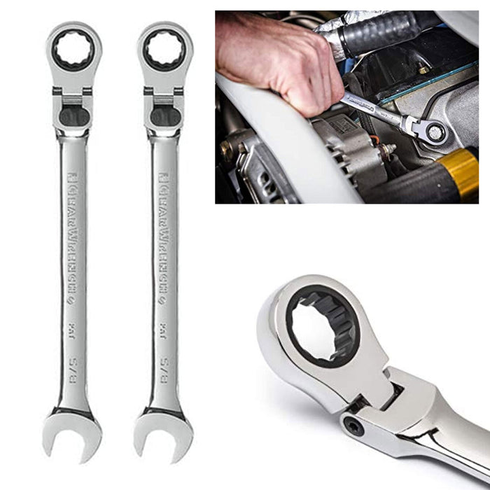 2 Pc 12 Point Flex Head Ratcheting Wrench 5/8" Combination Flexible Ratchet Tool