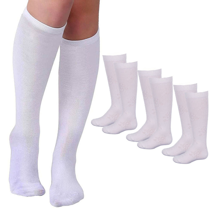 3 Pairs Knee High Socks Uniform School Soccer Tube Toddler Girl White Size M 4-6