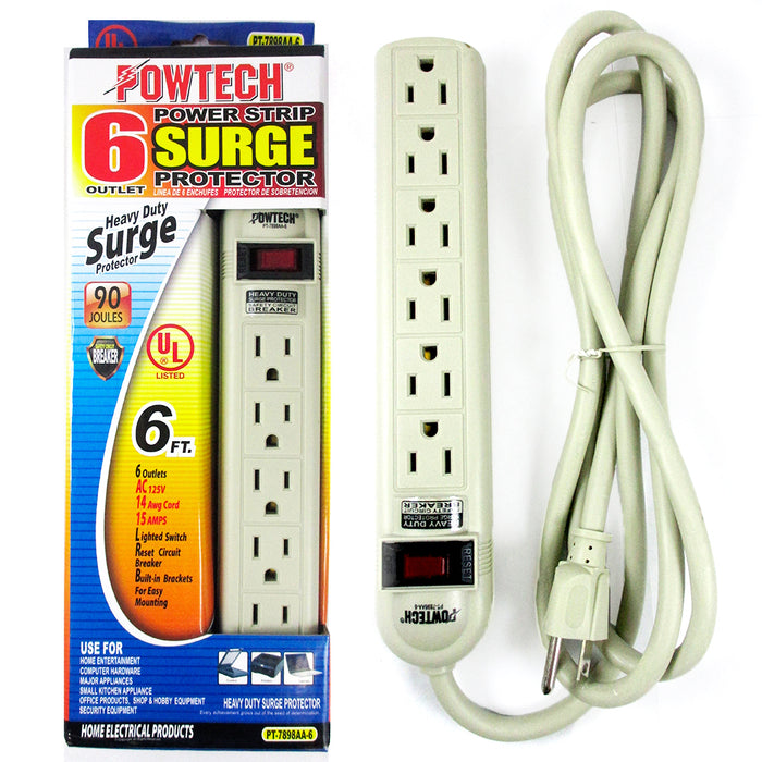 6 Outlet Power Strip 6ft Heavy Duty Cord Switch UL Breaker Surge 90 Joules New