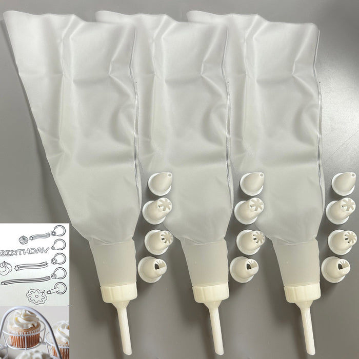 Pastry Bags Set 3 Packs 10 inch Reusable Icing Piping Bags 15 Tips Baking Cake