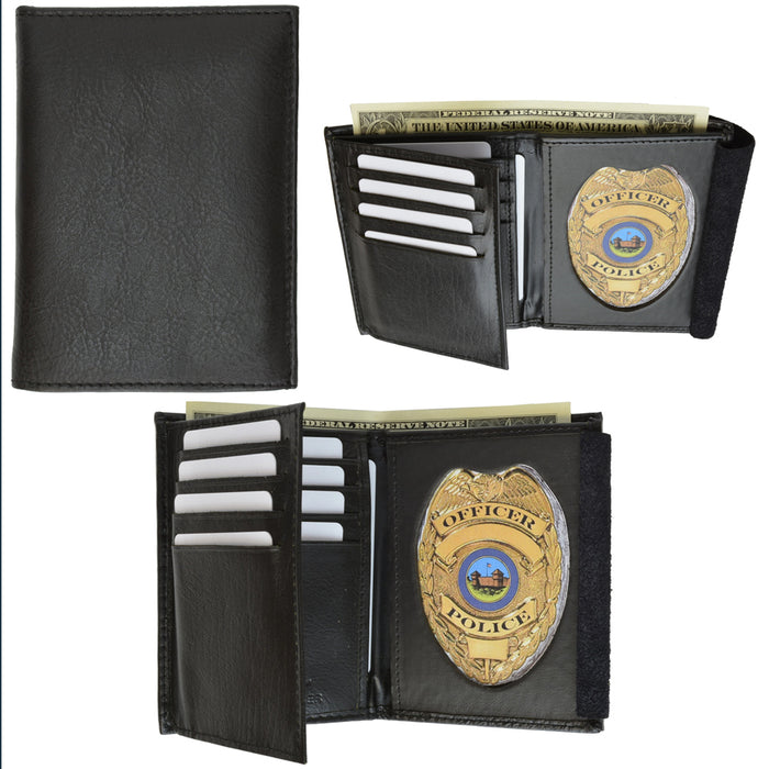 1 RFID Blocking Leather Wallet Badge Holder Sheriff Officer ID Police Shield Blk