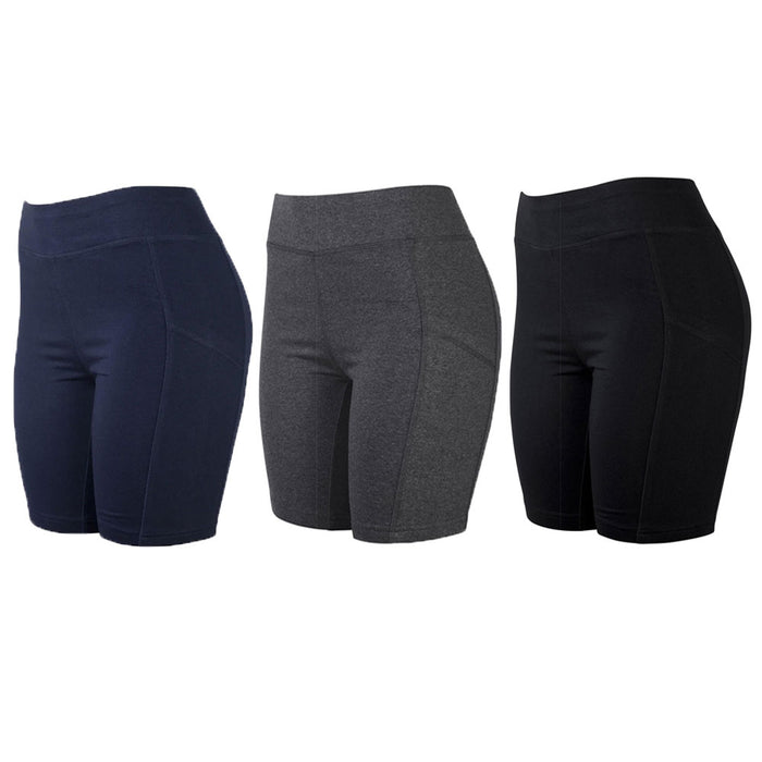 3 Women's Assorted Biker Leggings Shorts w/ Pockets Yoga Sport Black Grey Navy M