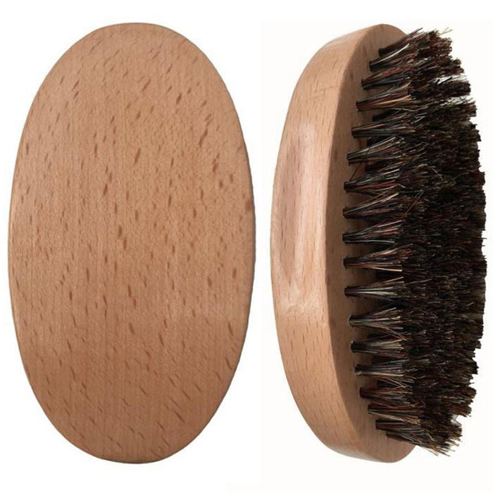 2 Pc Men Boar Hair Bristle Beard Mustache Firm Brush Palm Round Oval Wood Handle