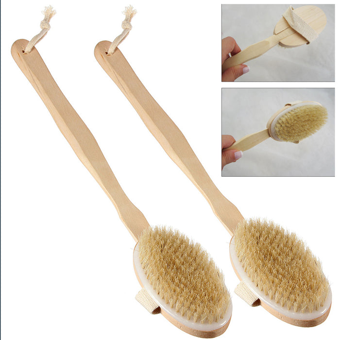 2 Back Body Shower Bath Brush Soft Natural Bristles Wood Long Handle Removable