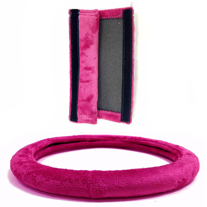 Pink Velvet Steering Wheel Cover Seatbelt Cushion Soft Universal 15 inch Plush