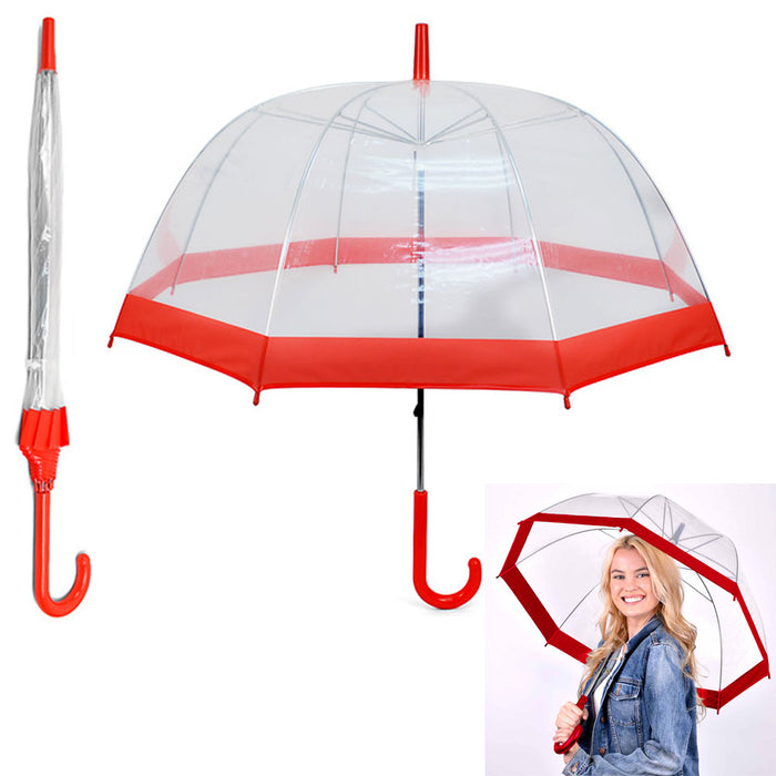 1 Transparent Clear Dome Umbrella Red Trim Adult Rain Cover Bubble See Through