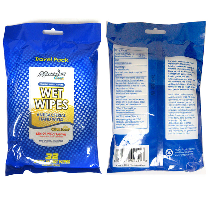 Wet Wipes 32ct Non Alcohol Antibacterial Kill 99.9% B Citurs Scent Travel Pack