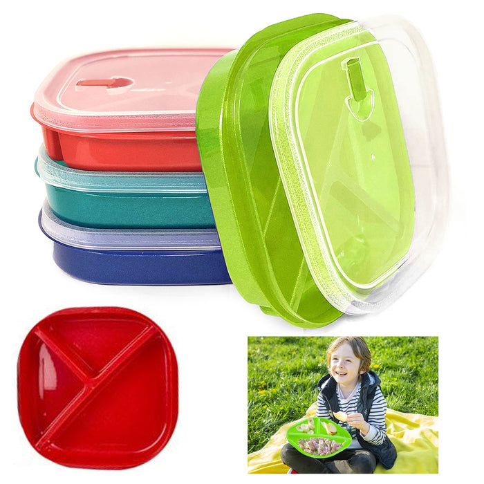 4 Square Divided Plates w Lids Meal Prep Lunch Food Storage Containers BPA-Free