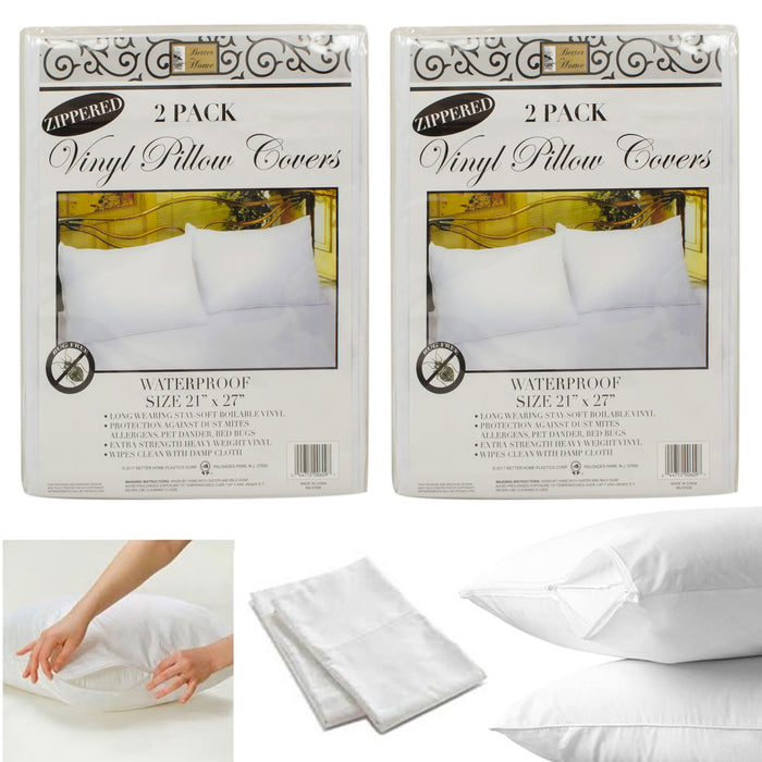 4 Pc Standard Pillow Case Zippered Cover Soft Vinyl Water Resistant White 27"