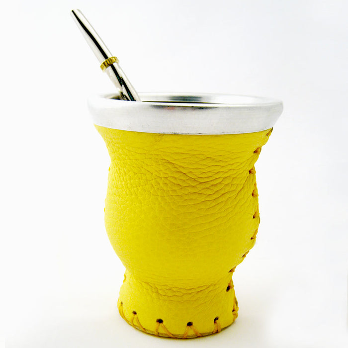 Yellow Mate Gourd Leather Glass inside with Straw Argentina Gaucho Drink Tea Washeable