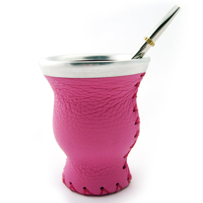 Elegant Genuine Leather Mate Gourd Glass Bombilla Straw Argentina Gaucho Drink Fuschia