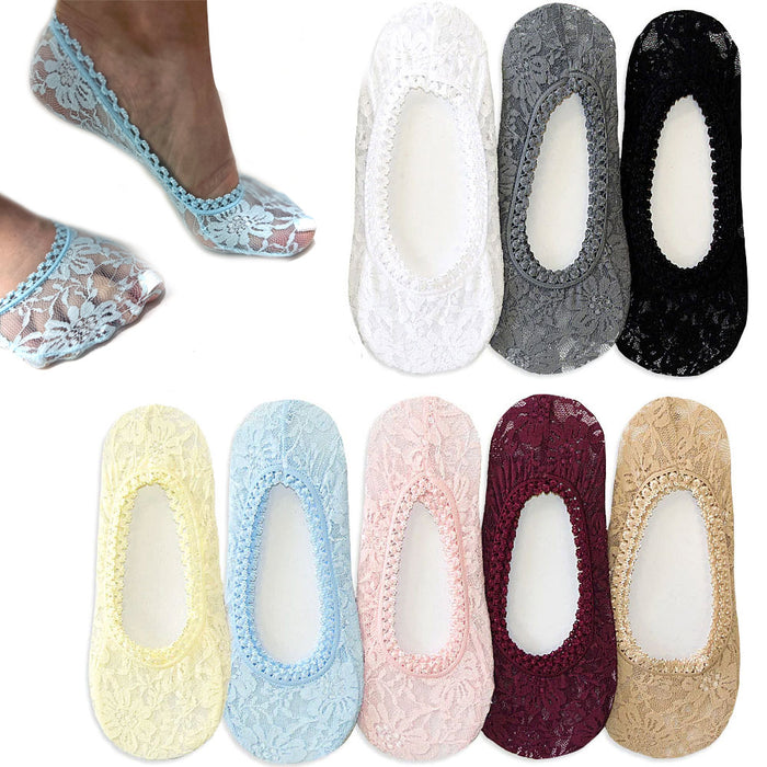 6 Pairs Women's Lace Foot Cover Socks Flats Invisible No Show Liner Low Cut 9-11