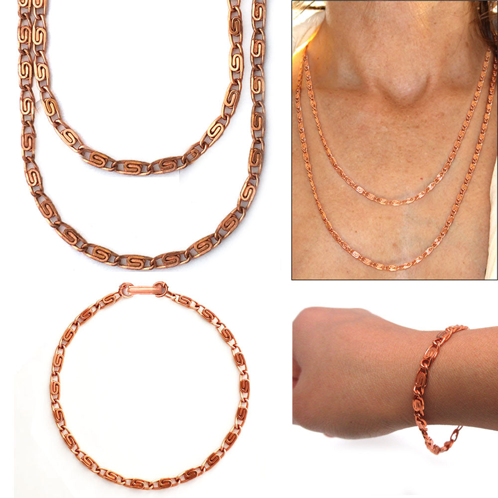 Pure Solid Copper Cuban Chain Bracelet / Necklace Set Curb Link Rider  Arthritis