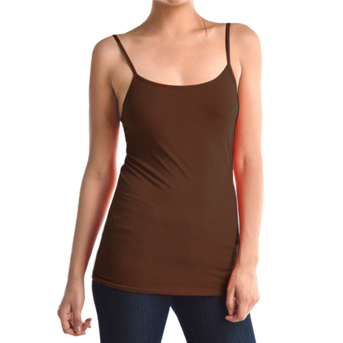 Plus Size Womens Tank Top Long Cami Adjustable Basic Ladies Poly Camisole Brown