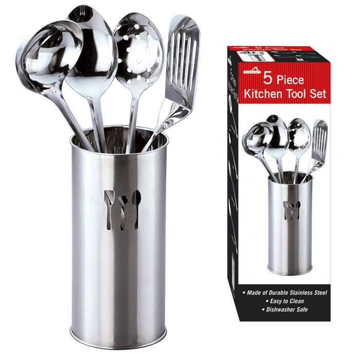 5 Pc Cooking Utensil Set Stainless Steel Kitchen Serving Spatula Spoon Holder