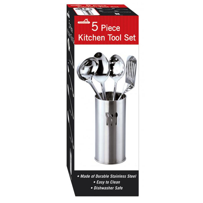 5 Pc Cooking Utensil Set Stainless Steel Kitchen Serving Spatula Spoon Holder