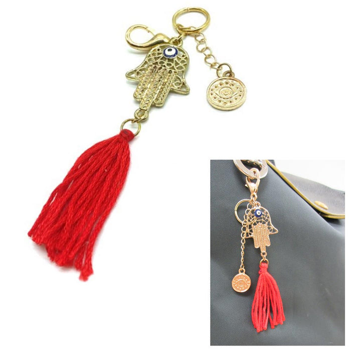 Hamsa Evil Eye Gold Keychain Red Tassel Hand Fatima Protection Lucky Charm Purse