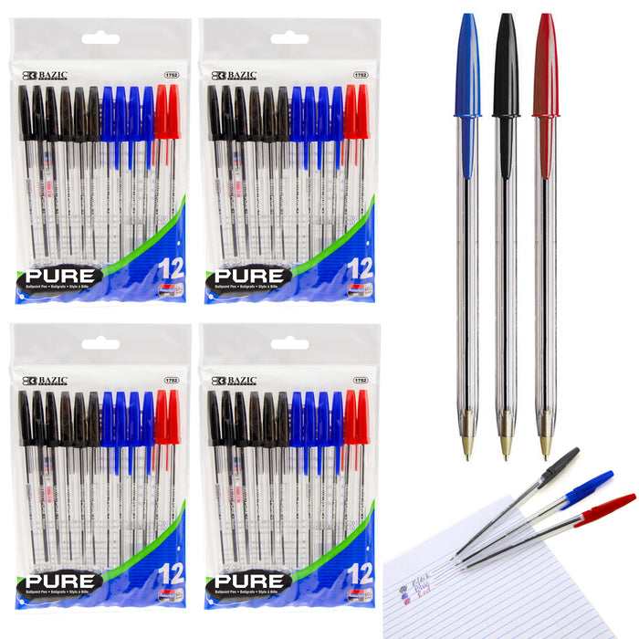 48 Pc Writing Ballpoint Pens Ball Point Pen Red Black Blue Ink Office Stationary