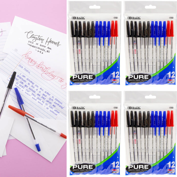 48 Pc Writing Ballpoint Pens Ball Point Pen Red Black Blue Ink Office Stationary