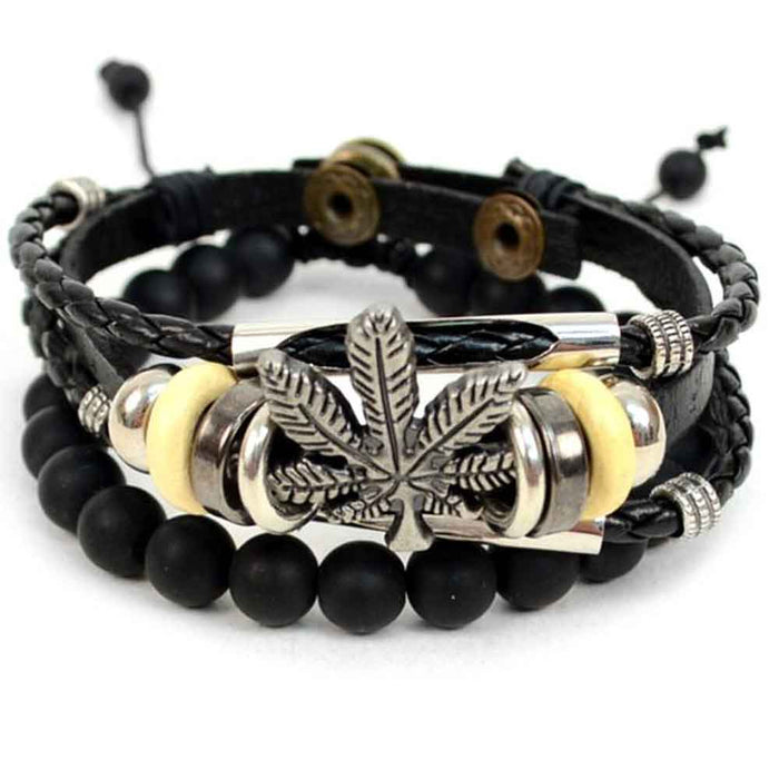 Men Women Adjustable Genuine Leather Bracelet Bangle Wristband Punk Cuff Beaded