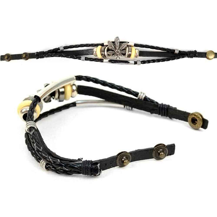 Men Women Adjustable Genuine Leather Bracelet Bangle Wristband Punk Cuff Beaded