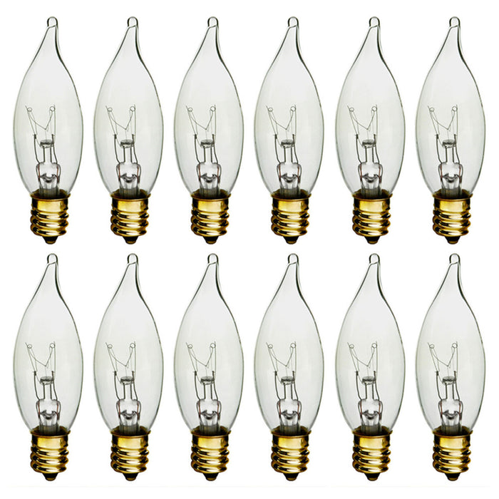 12 Pc Candelabra Night Light Bulbs 25 Watt Clear Flame Tip 120V Decor Chandelier