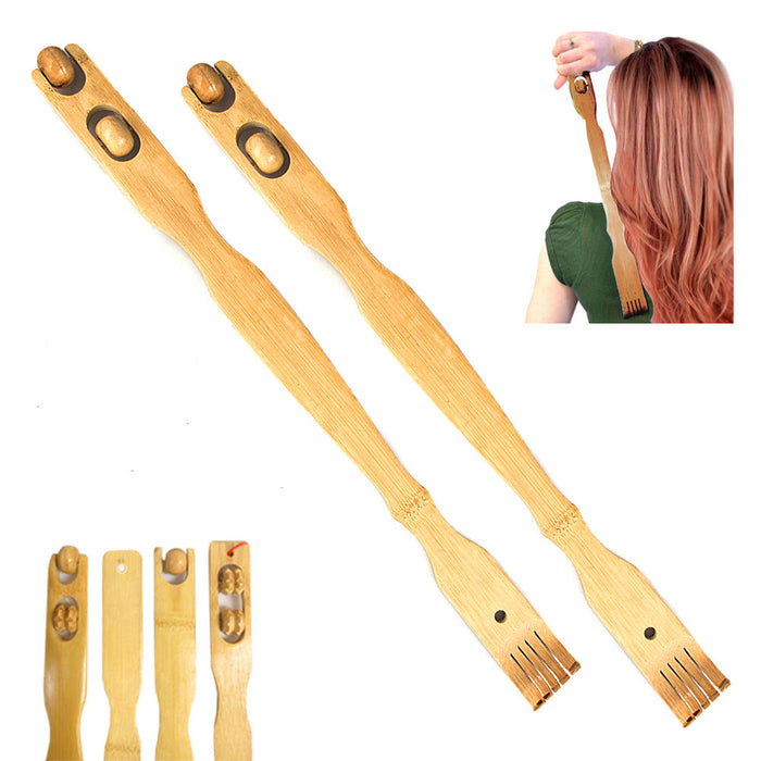 2 PC Bamboo Wood Back Scratcher Massager 18.5" Self-Massager Sturdy Stick Roller