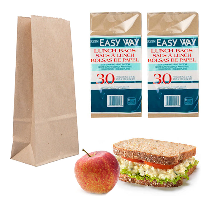 60 Pc Lunch Bag Brown Paper Bags Sandwich Container Snack Food Grocery 10.5"L