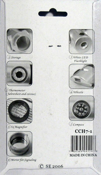 2Pk 7in1 Survival Whistle Compass Thermometer Led Flashlight Magnifier Mirror