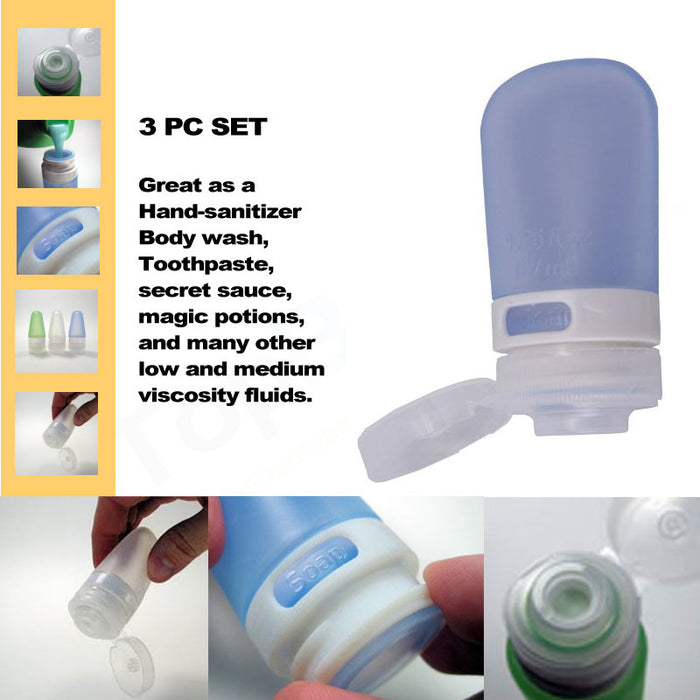 3 Travel Silicone Containers Leak Proof Bottles Squeeze Tube TSA Approved Refill