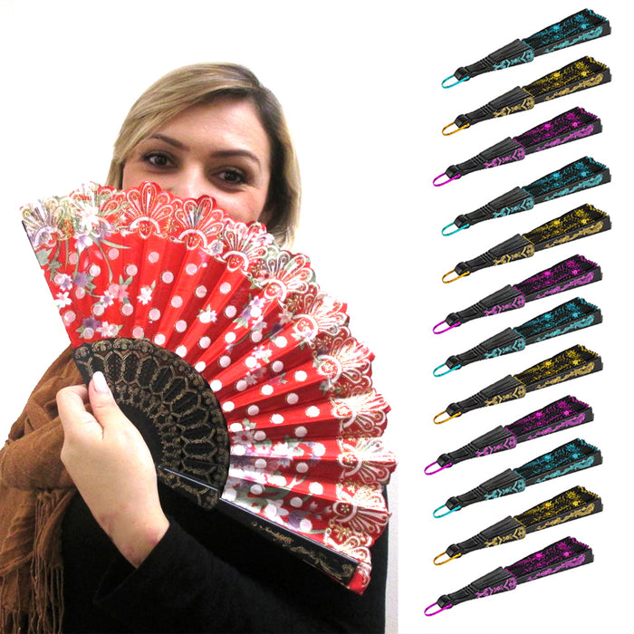 12 Chinese Folding Cloth Hand Fan Asian Japanese Oriental Plastic Wedding Church