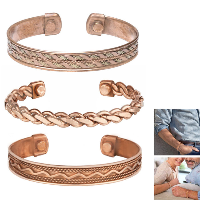 3 PC Magnetic Pure Copper Cuff Bracelet Arthritis Relief Healing Therapy Bangle