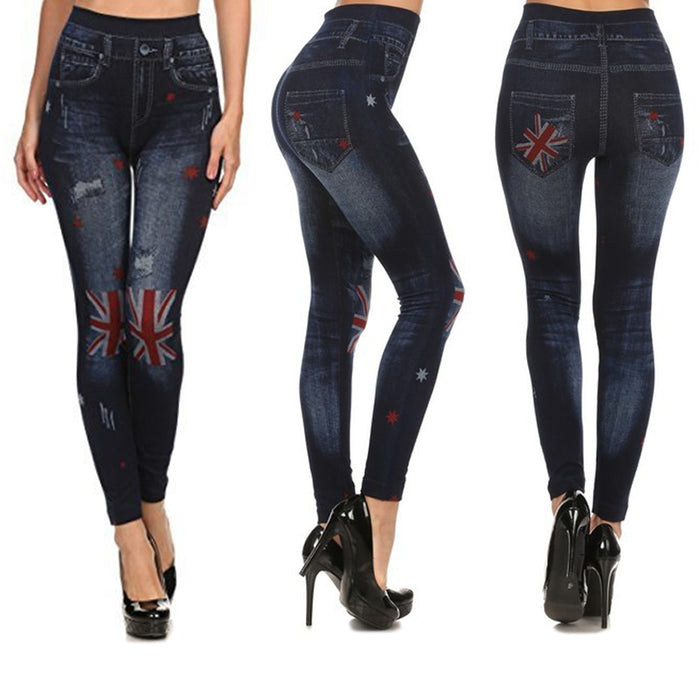 Women's Denim Print Jeans Look Like Leggings Stretchy High Waist Slim  Jeggings Women Workout Short Girls Footless Tights