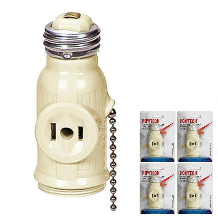 4 Light Socket Converter Lampholder 2 Outlets Plus Pull Chain Light Bulb Ivory