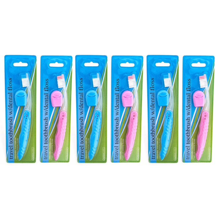 6 Travel Toothbrushes Compact Brush Folds Dental +6 Floss Camping Hike Oral Care