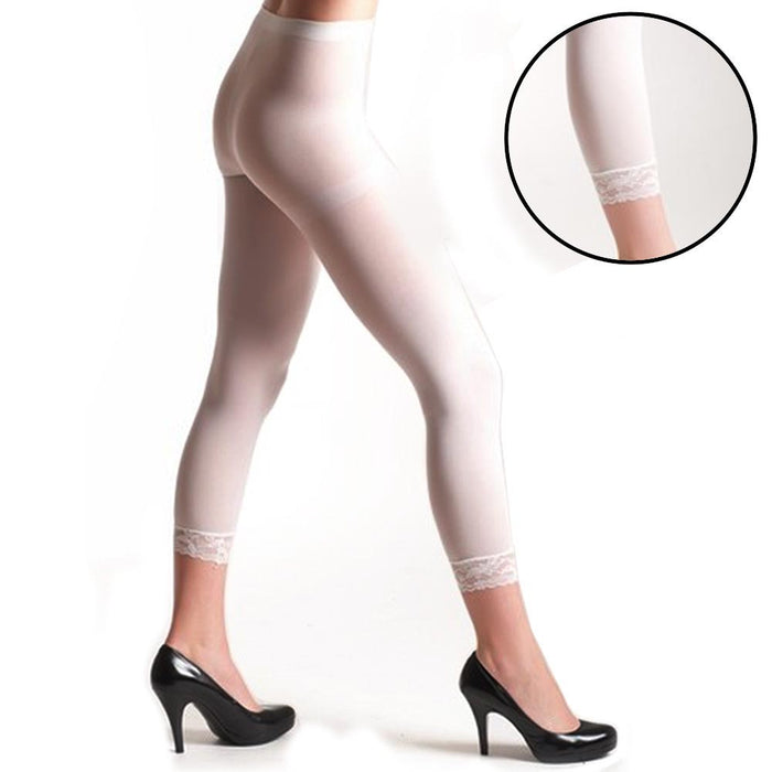 6PC White Ladies Footless Tights Lace Trim Capri Opaque Slim Super