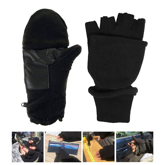 Mens Womens Convertible Mittens Fingerless Gloves Winter Flip Top One Size Black