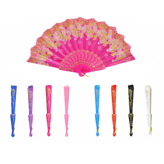 12 Chinese Folding Cloth Hand Fan Asian Japanese Oriental Plastic Wedding Church