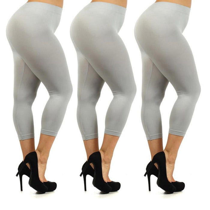 3 Women Plus Size Stretch Leggings High Waisted Solid Capri Active Tummy Control