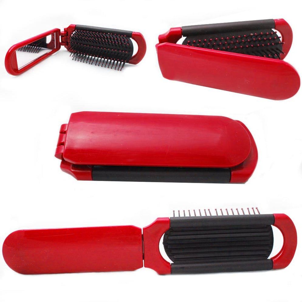 3pc Portable Folding Hair Brush Mirror Compact Travel Comb Pocket Size