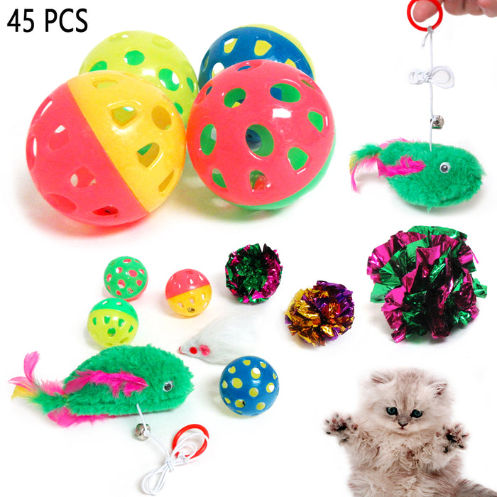 Lot of 45 Cat Toys Pet Kitten Bulk Assorted Fluffy Mice Interactive Ball Bells