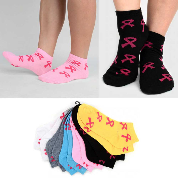 6 Pair Pink Ribbon Socks Breast Cancer Awareness Womens Support Girls Size 9-11