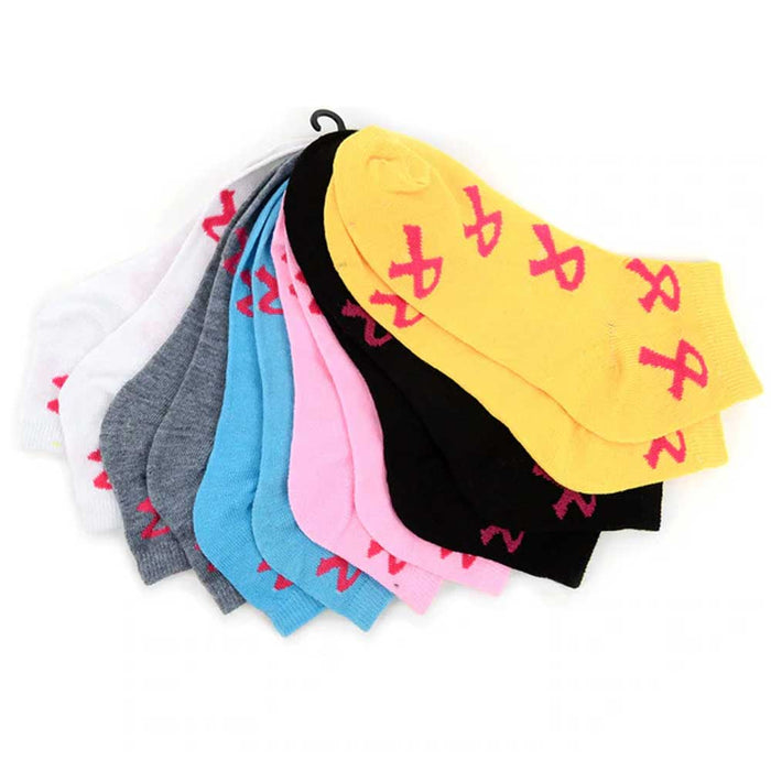 6 Pair Pink Ribbon Socks Breast Cancer Awareness Womens Support Girls Size 9-11