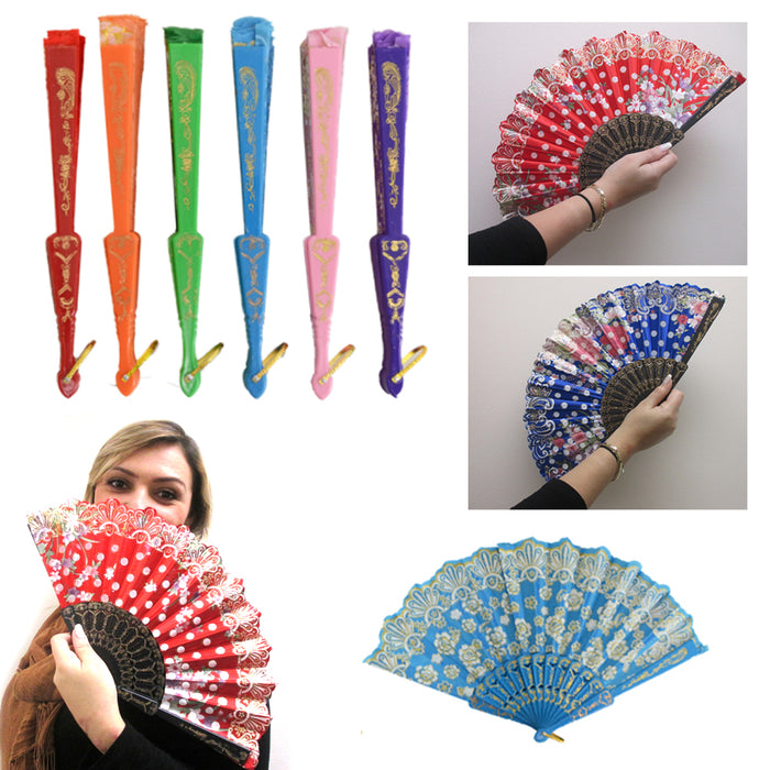 12 Chinese Folding Cloth Hand Fan Asian Japanese Oriental Plastic Wedding Church