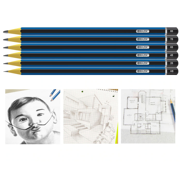 6 X Assorted Soft Lead Sketching Artist Pencils Drawing Graphite Graded 8B to HB