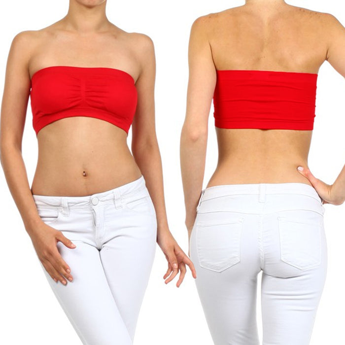 1 Womens Padded Bandeau Tube Crop Top Strapless Bra Removable Pads Stretchy Red