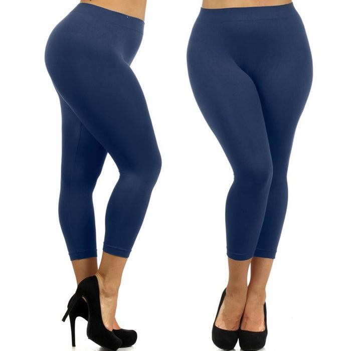 Women Leggings Plus One Size Capri Stretch Pants Basic Yoga Seamless Denim Blue